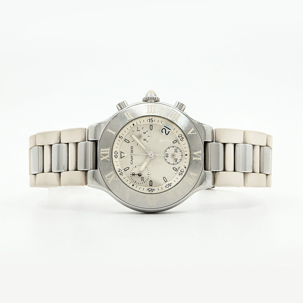 電池交換済 Cartier カルティエ マスト21 クロノスカフ W10184U2 100m防水 クロノグラフ デイト 白 ホワイト SS ステンレス メンズ クォーツ【6ヶ月保証】【腕時計】【中古】