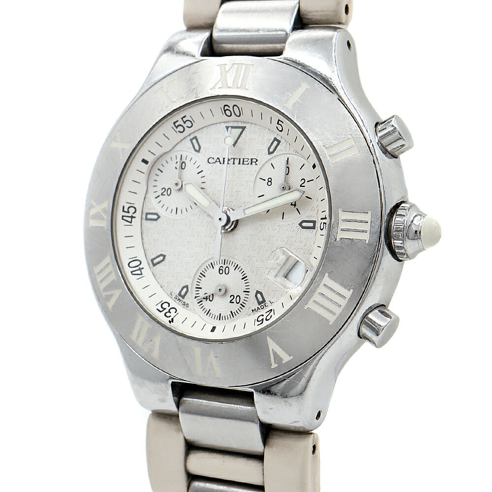 電池交換済 Cartier カルティエ マスト21 クロノスカフ W10184U2 100m防水 クロノグラフ デイト 白 ホワイト SS ステンレス メンズ クォーツ【6ヶ月保証】【腕時計】【中古】