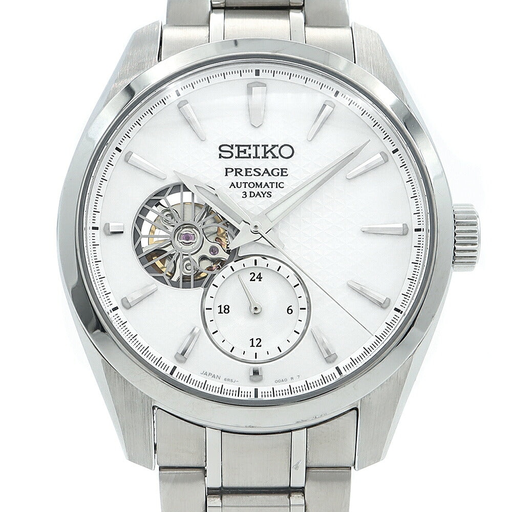 SEIKO セイコー プレザージュ シャープエッジ 6R5J-00A0 オープンハート 100m防水 裏スケ 白 ホワイト SS ステンレス メンズ 自動巻き プレサージュ【6ヶ月保証】【腕時計】【中古】