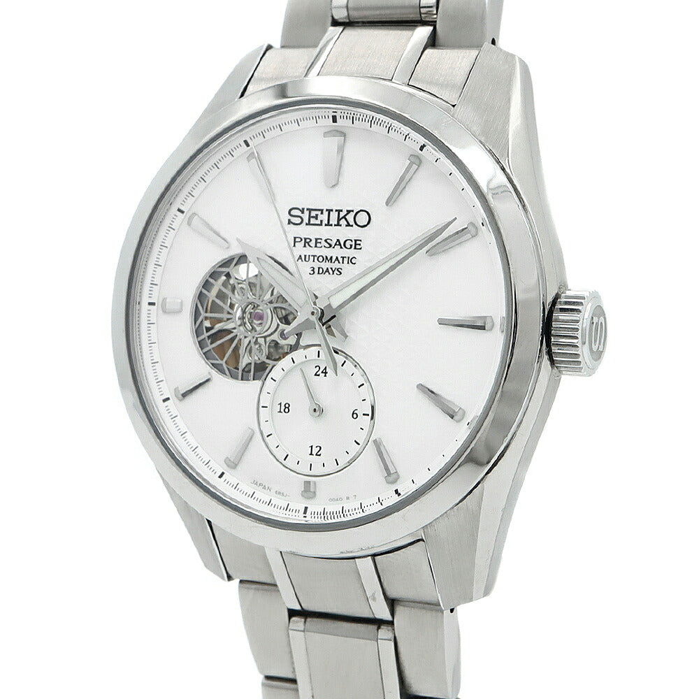 SEIKO セイコー プレザージュ シャープエッジ 6R5J-00A0 オープンハート 100m防水 裏スケ 白 ホワイト SS ステンレス メンズ 自動巻き プレサージュ【6ヶ月保証】【腕時計】【中古】