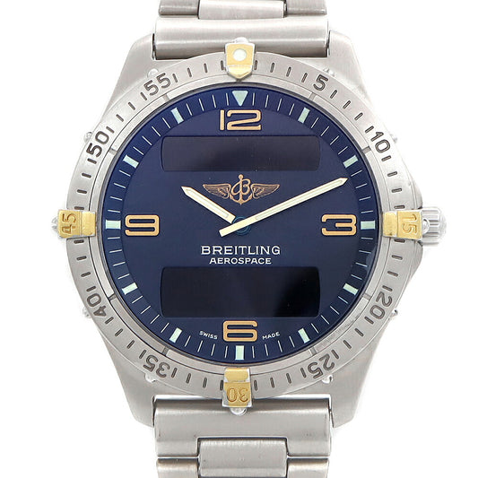 電池交換済 BREITLING ブライトリング エアロスペース F56062 デイト 100m防水 青 ブルー Ti チタン YGP イエローゴールド コンビ メンズ デジタル アナログ デジアナ クォーツ【6ヶ月保証】【腕時計】【中古】