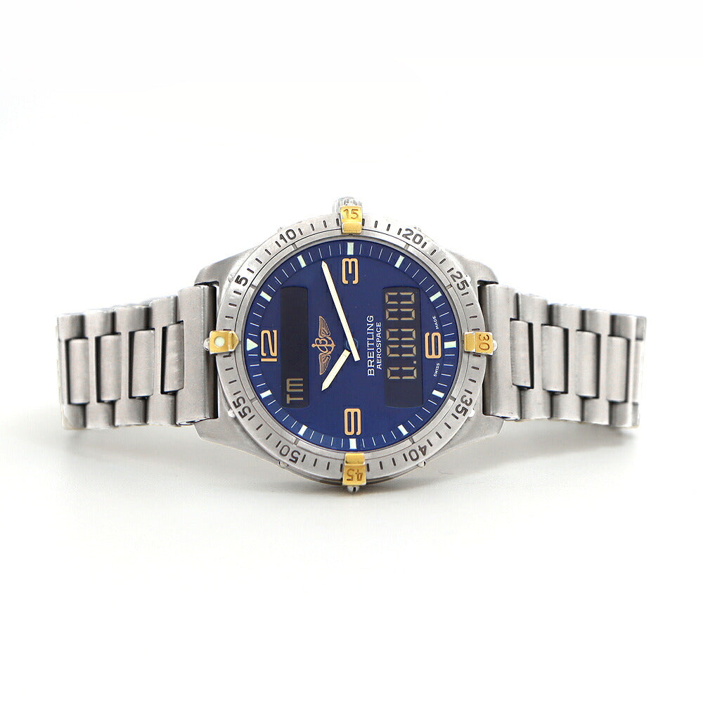 電池交換済 BREITLING ブライトリング エアロスペース F56062 デイト 100m防水 青 ブルー Ti チタン YGP イエローゴールド コンビ メンズ デジタル アナログ デジアナ クォーツ【6ヶ月保証】【腕時計】【中古】