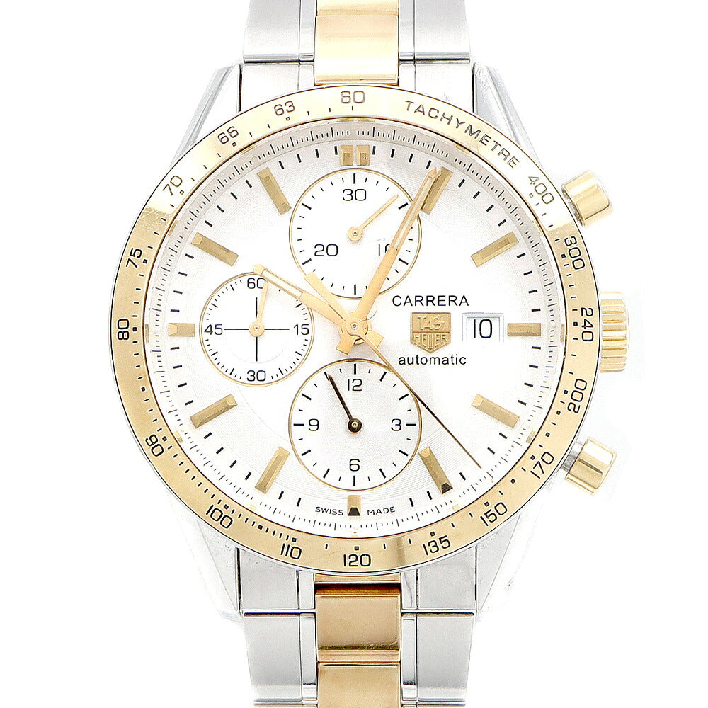 TAG Heuer タグホイヤー カレラ キャリバー16 クロノグラフ CV2050 BD0789 デイト スモールセコンド 50m防水 裏スケ タキメーター 白 ホワイト SS ステンレス YGP イエローゴールド コンビ メンズ 自動巻き【6ヶ月保証】【腕時計】【中古】