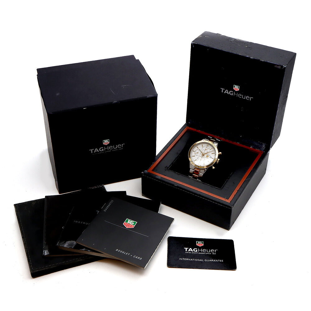 TAG Heuer タグホイヤー カレラ キャリバー16 クロノグラフ CV2050 BD0789 デイト スモールセコンド 50m防水 裏スケ タキメーター 白 ホワイト SS ステンレス YGP イエローゴールド コンビ メンズ 自動巻き【6ヶ月保証】【腕時計】【中古】