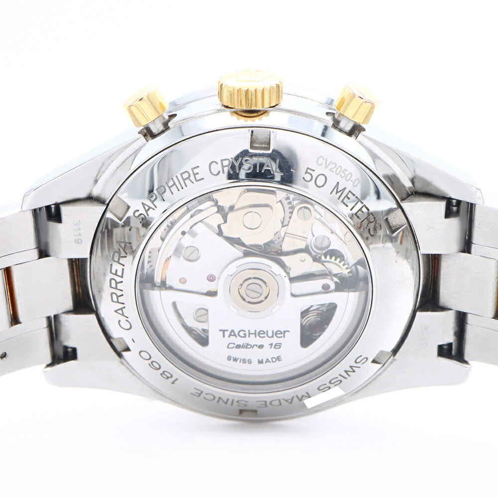 TAG Heuer タグホイヤー カレラ キャリバー16 クロノグラフ CV2050 BD0789 デイト スモールセコンド 50m防水 裏スケ タキメーター 白 ホワイト SS ステンレス YGP イエローゴールド コンビ メンズ 自動巻き【6ヶ月保証】【腕時計】【中古】
