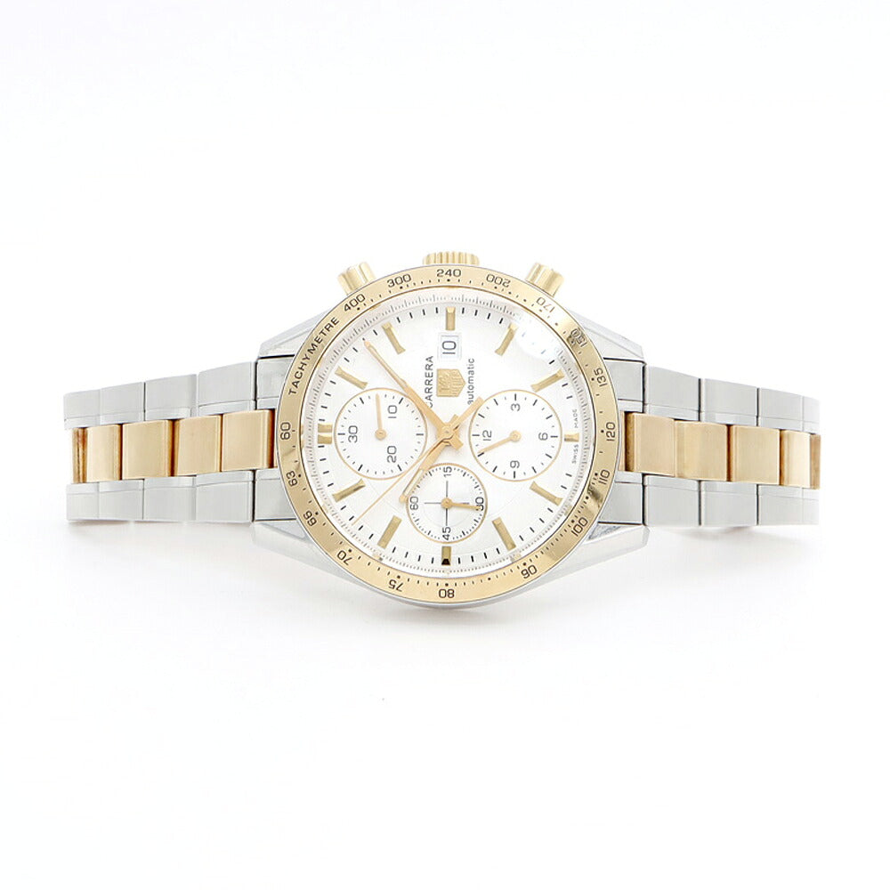 TAG Heuer タグホイヤー カレラ キャリバー16 クロノグラフ CV2050 BD0789 デイト スモールセコンド 50m防水 裏スケ タキメーター 白 ホワイト SS ステンレス YGP イエローゴールド コンビ メンズ 自動巻き【6ヶ月保証】【腕時計】【中古】