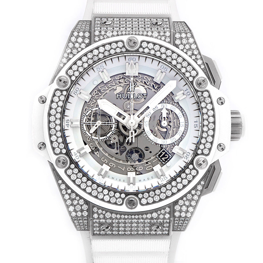 Internally inspected HUBLOT King Power Unico Titanium White Pave Chronograph 701.NE.0127.GR.1704 Genuine Diamond Date White White Skeleton Ti Titanium Genuine Belt Genuine Buckle Men's Automatic Winding [6 Month Warranty] [Watch] [Used]