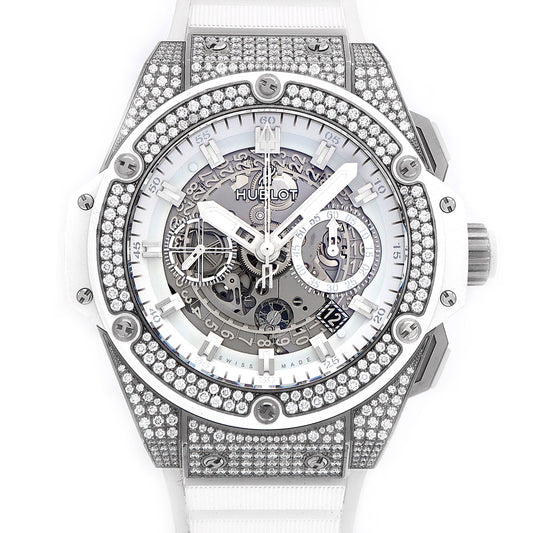 Internally inspected HUBLOT King Power Unico Titanium White Pave Chronograph 701.NE.0127.GR.1704 Genuine Diamond Date White White Skeleton Ti Titanium Genuine Belt Genuine Buckle Men's Automatic Winding [6 Month Warranty] [Watch] [Used]