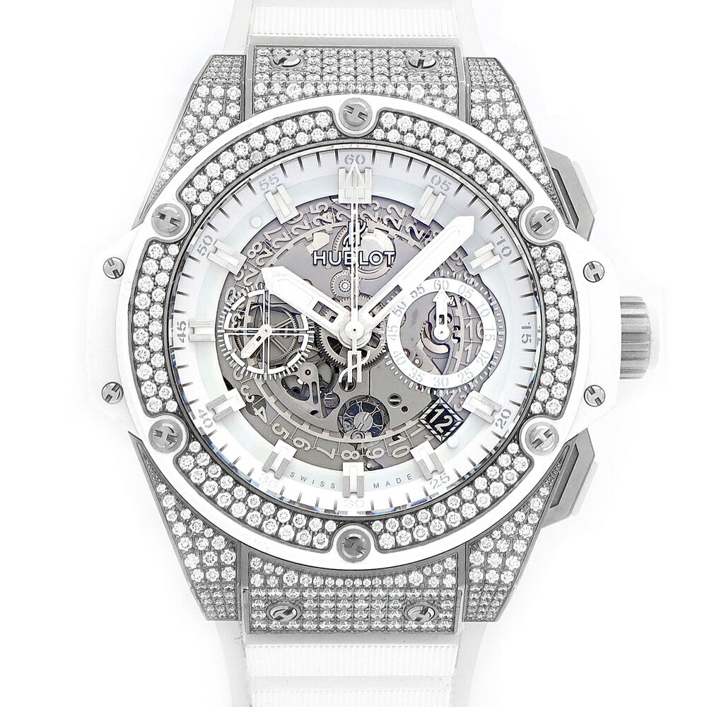 内部点検済 HUBLOT ウブロ キングパワー ウニコ チタニウム ホワイトパヴェ クロノグラフ 701.NE.0127.GR.1704 純正ダイヤモンド デイト 白 ホワイト スケルトン Ti チタン 純正ベルト 純正尾錠 メンズ 自動巻き【6ヶ月保証】【腕時計】【中古】
