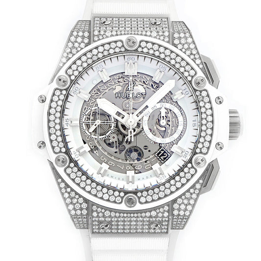 内部点検済 HUBLOT ウブロ キングパワー ウニコ チタニウム ホワイトパヴェ クロノグラフ 701.NE.0127.GR.1704 純正ダイヤモンド デイト 白 ホワイト スケルトン Ti チタン 純正ベルト 純正尾錠 メンズ 自動巻き【6ヶ月保証】【腕時計】【中古】