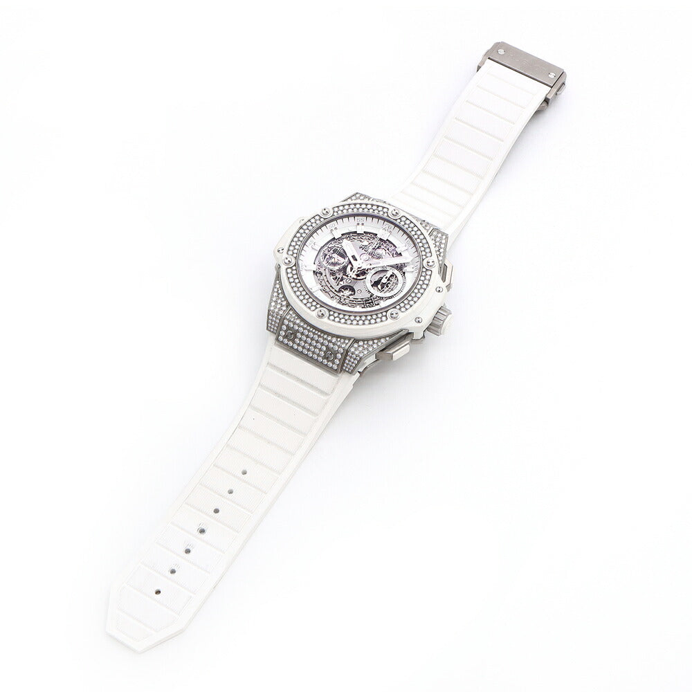 内部点検済 HUBLOT ウブロ キングパワー ウニコ チタニウム ホワイトパヴェ クロノグラフ 701.NE.0127.GR.1704 純正ダイヤモンド デイト 白 ホワイト スケルトン Ti チタン 純正ベルト 純正尾錠 メンズ 自動巻き【6ヶ月保証】【腕時計】【中古】