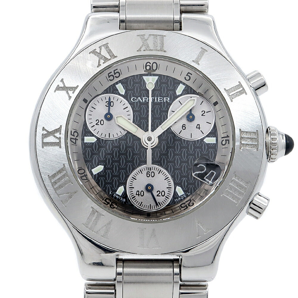 電池交換済 Cartier カルティエ マスト 21 クロノスカフ W10172T2 クロノグラフ 100m防水 デイト 黒 ブラック SS ステンレス メンズ クォーツ【6ヶ月保証】【腕時計】【中古】
