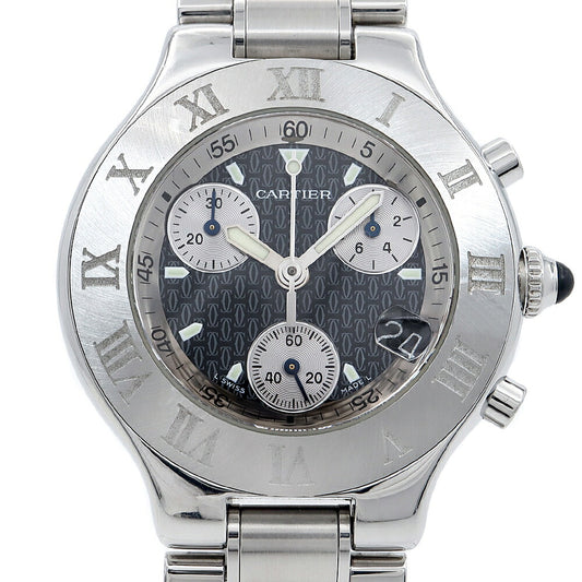 電池交換済 Cartier カルティエ マスト 21 クロノスカフ W10172T2 クロノグラフ 100m防水 デイト 黒 ブラック SS ステンレス メンズ クォーツ【6ヶ月保証】【腕時計】【中古】