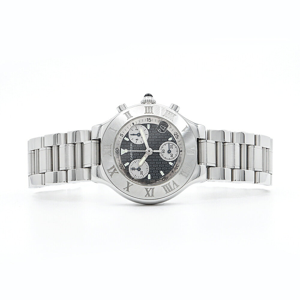 電池交換済 Cartier カルティエ マスト 21 クロノスカフ W10172T2 クロノグラフ 100m防水 デイト 黒 ブラック SS ステンレス メンズ クォーツ【6ヶ月保証】【腕時計】【中古】