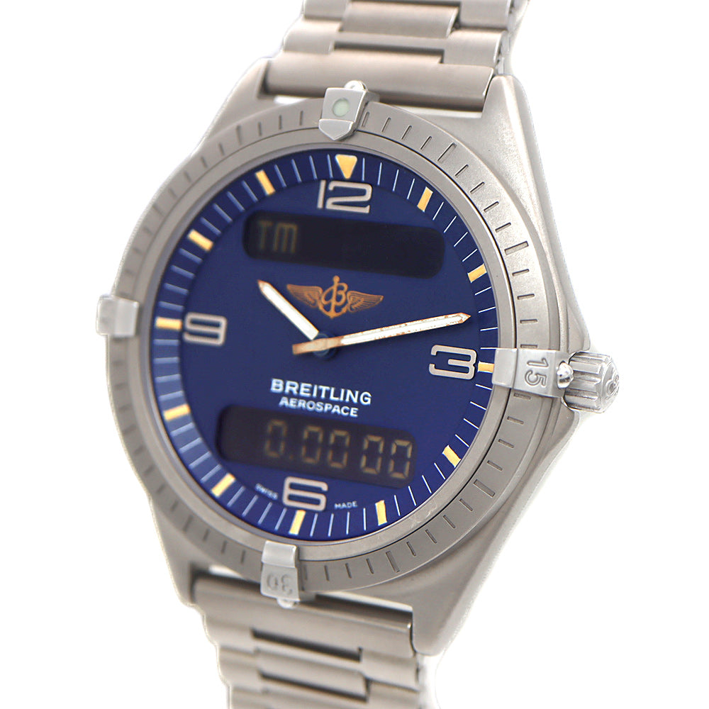 電池交換済 BREITLING ブライトリング エアロスペース E56060 デイト 100m防水 紺 ネイビー Ti チタン メンズ デジタル アナログ デジアナ クォーツ【6ヶ月保証】【腕時計】【中古】