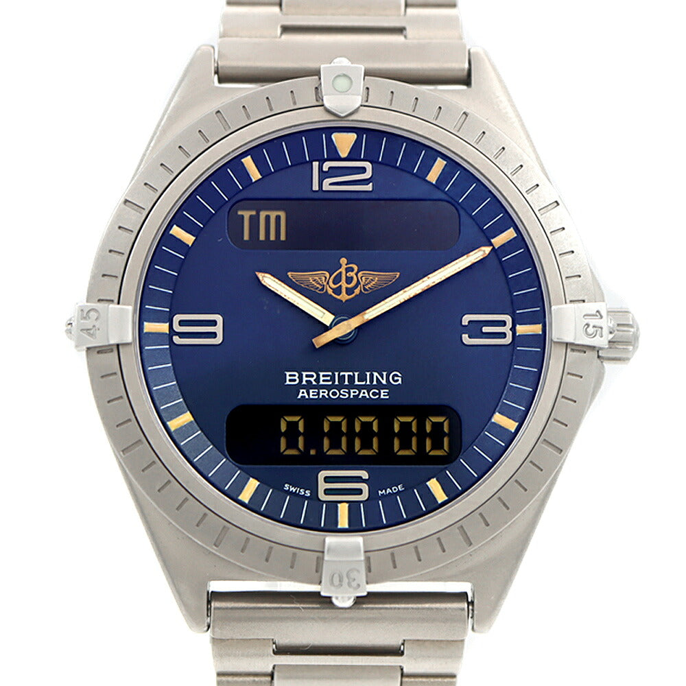 電池交換済 BREITLING ブライトリング エアロスペース E56060 デイト 100m防水 紺 ネイビー Ti チタン メンズ デジタル アナログ デジアナ クォーツ【6ヶ月保証】【腕時計】【中古】