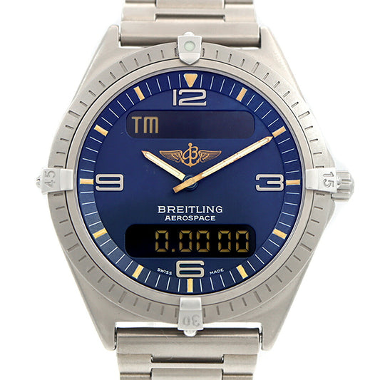 電池交換済 BREITLING ブライトリング エアロスペース E56060 デイト 100m防水 紺 ネイビー Ti チタン メンズ デジタル アナログ デジアナ クォーツ【6ヶ月保証】【腕時計】【中古】