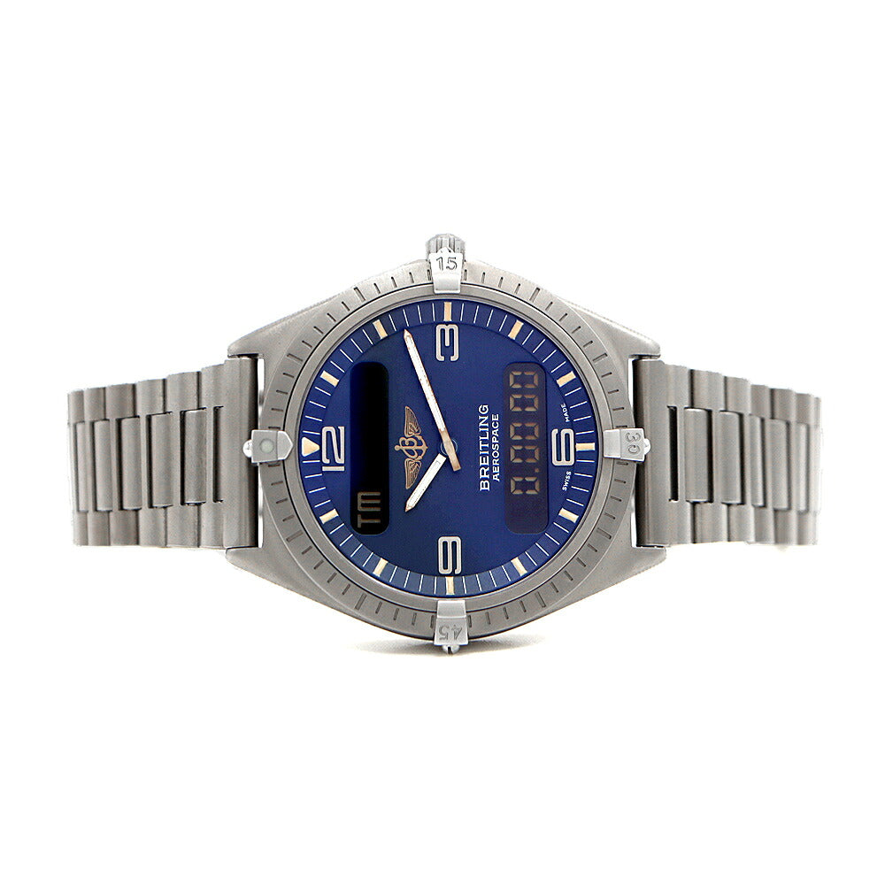 電池交換済 BREITLING ブライトリング エアロスペース E56060 デイト 100m防水 紺 ネイビー Ti チタン メンズ デジタル アナログ デジアナ クォーツ【6ヶ月保証】【腕時計】【中古】