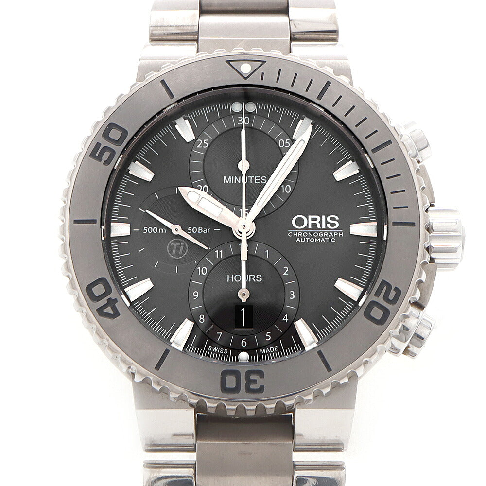 ORIS オリス アクイス クロノグラフ  01 674 7655 7253-07 8 26 75PEB 500ｍ防水 デイト グレー Ti チタン メンズ 自動巻き【6ヶ月保証】【腕時計】【中古】