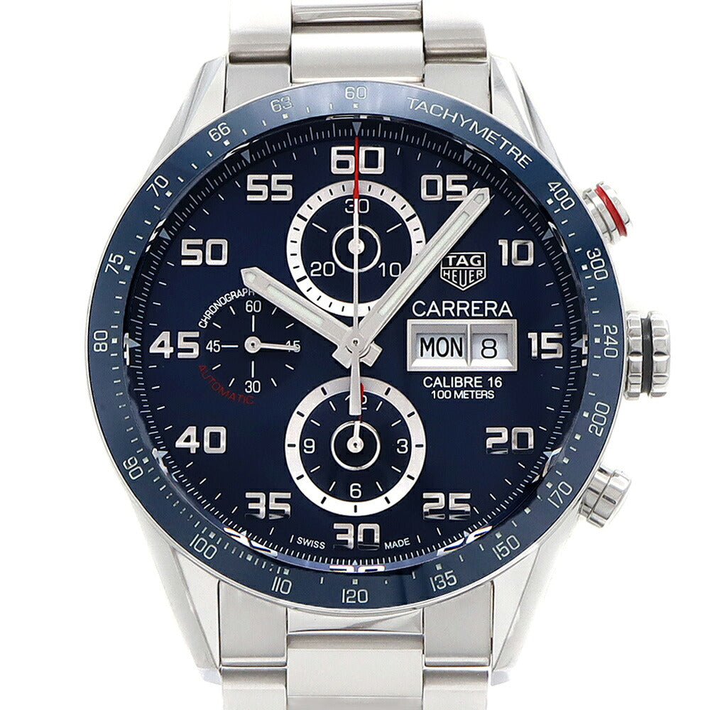 内部点検済 TAG Heuer タグホイヤー カレラ キャリバー16 クロノグラフ CV2A1V 裏スケ 100ｍ防水 タキメーター デイデイト 青 ブルー CE セラミック SS ステンレス メンズ 自動巻き【6ヶ月保証】【腕時計】【中古】