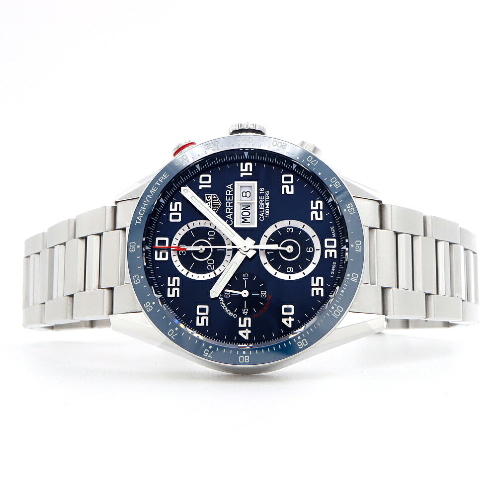 内部点検済 TAG Heuer タグホイヤー カレラ キャリバー16 クロノグラフ CV2A1V 裏スケ 100ｍ防水 タキメーター デイデイト 青 ブルー CE セラミック SS ステンレス メンズ 自動巻き【6ヶ月保証】【腕時計】【中古】