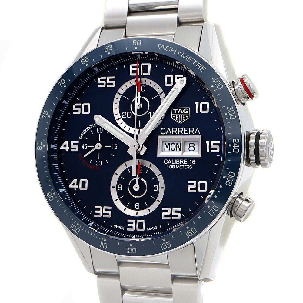 内部点検済 TAG Heuer タグホイヤー カレラ キャリバー16 クロノグラフ CV2A1V 裏スケ 100ｍ防水 タキメーター デイデイト 青 ブルー CE セラミック SS ステンレス メンズ 自動巻き【6ヶ月保証】【腕時計】【中古】