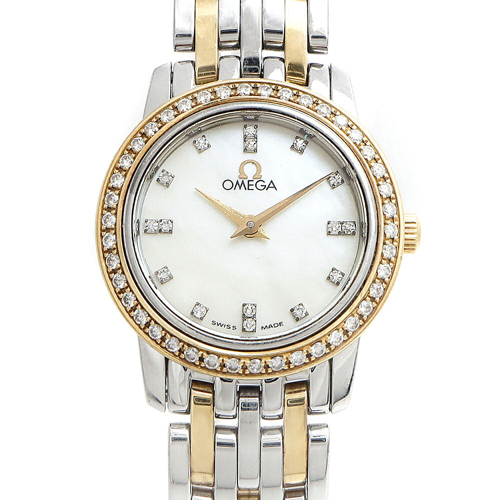 電池交換済 OMEGA オメガ DeVille デビル プレステージ ダイヤベゼル 4375.95 ダイヤモンド 16Pダイヤ 白 ホワイトシェル YG イエローゴールド SS ステンレス コンビ レディース クォーツ デヴィル【6ヶ月保証】【腕時計】【中古】