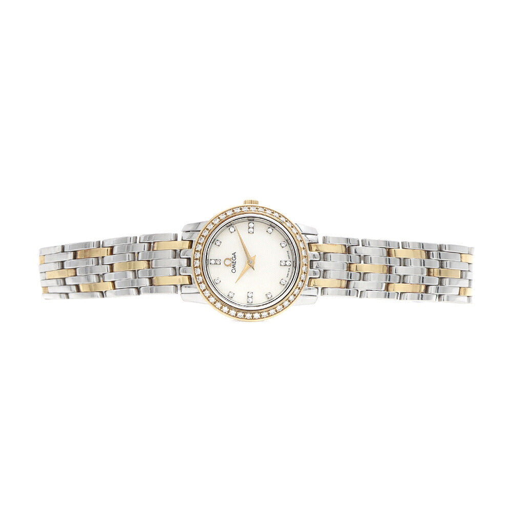 電池交換済 OMEGA オメガ DeVille デビル プレステージ ダイヤベゼル 4375.95 ダイヤモンド 16Pダイヤ 白 ホワイトシェル YG イエローゴールド SS ステンレス コンビ レディース クォーツ デヴィル【6ヶ月保証】【腕時計】【中古】
