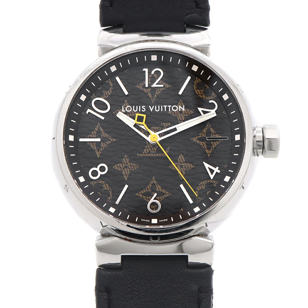 電池交換済 LOUIS VUITTON ルイヴィトン タンブール QA072 100m防水 モノグラム 茶 ブラウン SS ステンレス 純正ベルト 純正尾錠 メンズ クォーツ【6ヶ月保証】【腕時計】【中古】