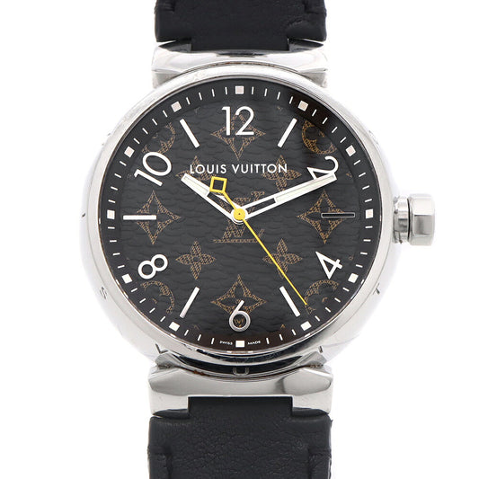 電池交換済 LOUIS VUITTON ルイヴィトン タンブール QA072 100m防水 モノグラム 茶 ブラウン SS ステンレス 純正ベルト 純正尾錠 メンズ クォーツ【6ヶ月保証】【腕時計】【中古】