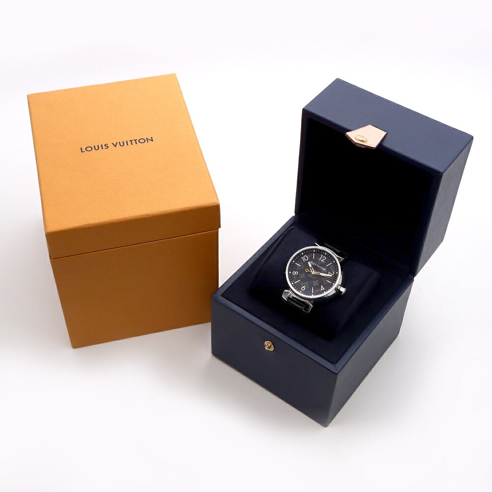 電池交換済 LOUIS VUITTON ルイヴィトン タンブール QA072 100m防水 モノグラム 茶 ブラウン SS ステンレス 純正ベルト 純正尾錠 メンズ クォーツ【6ヶ月保証】【腕時計】【中古】