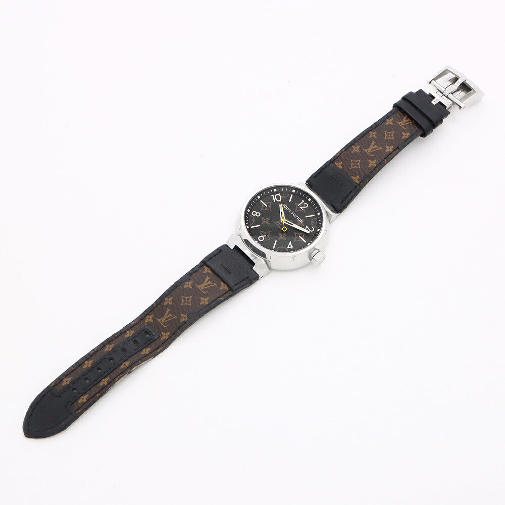 電池交換済 LOUIS VUITTON ルイヴィトン タンブール QA072 100m防水 モノグラム 茶 ブラウン SS ステンレス 純正ベルト 純正尾錠 メンズ クォーツ【6ヶ月保証】【腕時計】【中古】