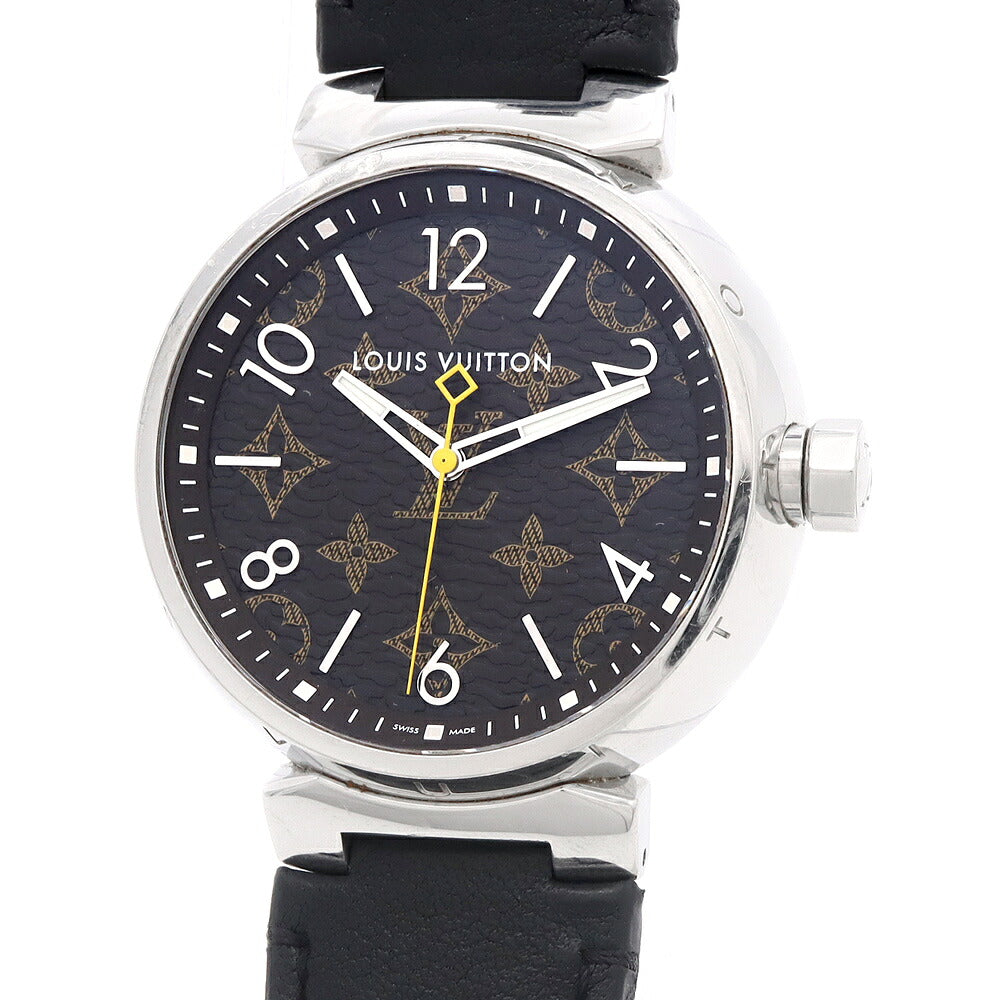 電池交換済 LOUIS VUITTON ルイヴィトン タンブール QA072 100m防水 モノグラム 茶 ブラウン SS ステンレス 純正ベルト 純正尾錠 メンズ クォーツ【6ヶ月保証】【腕時計】【中古】