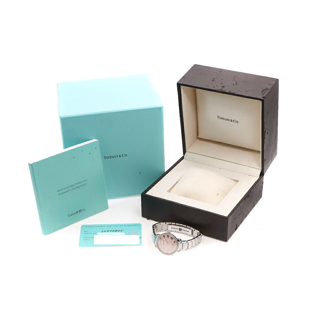 電池交換済 TIFFANY&Co. ティファニー アトラス  2ハンド ダイヤベゼル 32777805 ダイヤモンド デイト 50m防水 ピンク SS ステンレス レディース クォーツ 【6ヶ月保証】【腕時計】【中古】