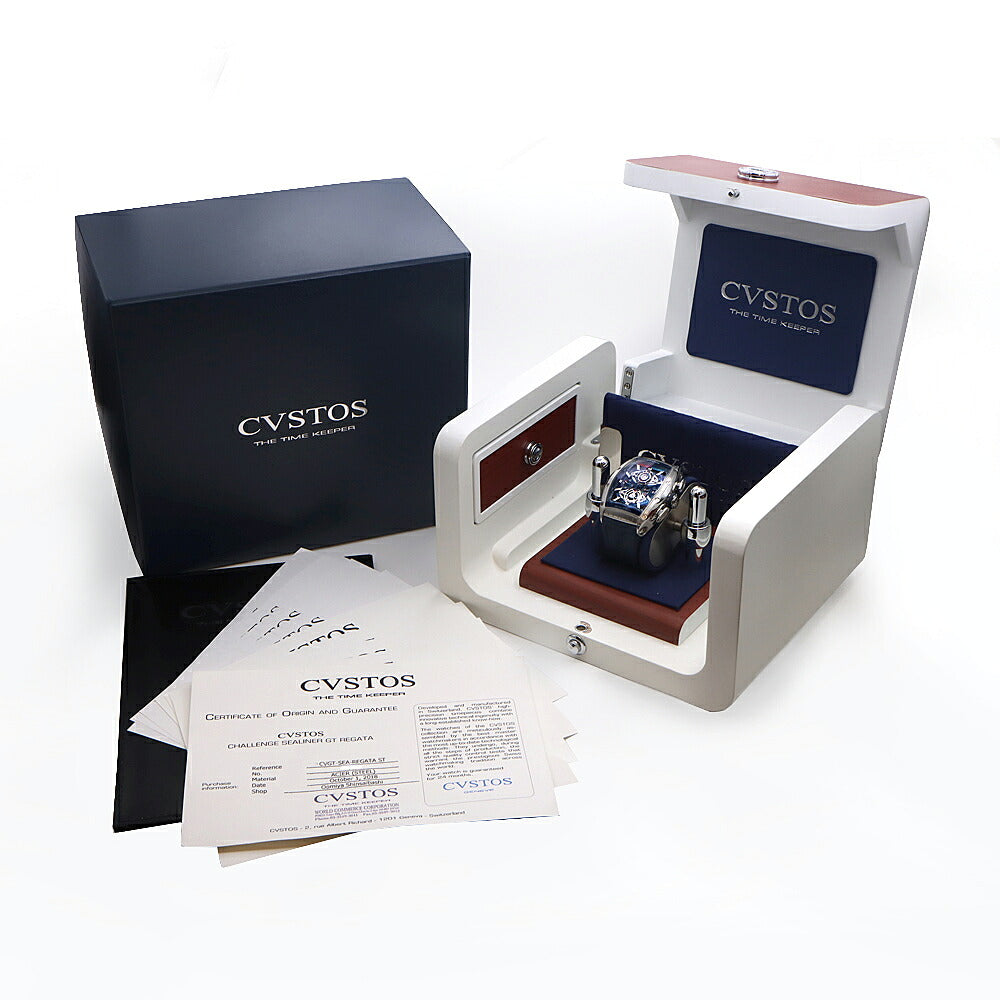 内部点検済 CVSTOS クストス チャレンジ シーライナー クロノ レガッタ CVGT-SEA-REGATA ST クロノグラフ 100m防水 デイト スケルトン 青 ブルー SS ステンレス 純正ベルト 純正尾錠 メンズ 自動巻き【6ヶ月保証】【腕時計】【中古】