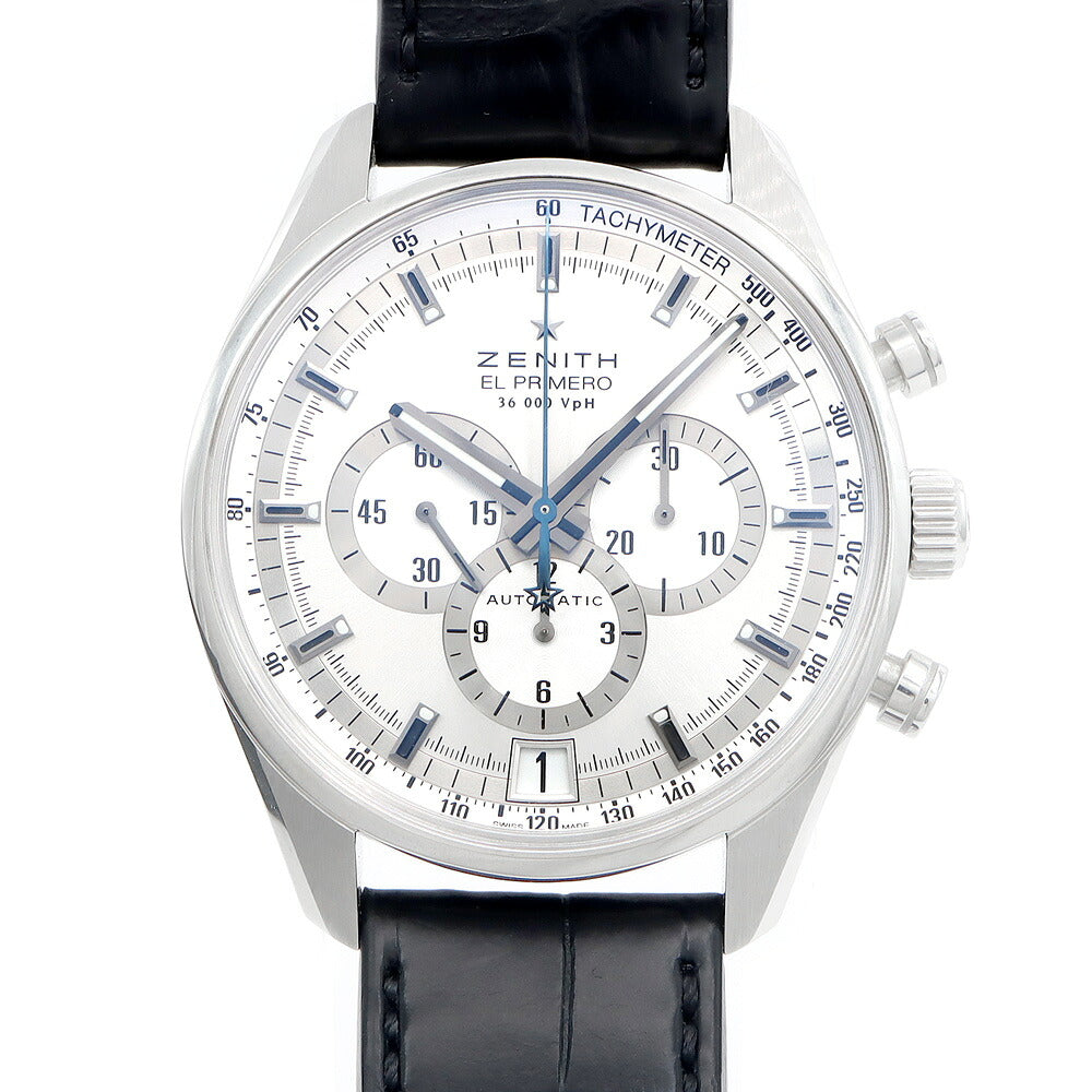 ZENITH ゼニス エルプリメロ 36000VPH 03.2040.400 クロノグラフ デイト 100m防水 裏スケ シルバー SS ステンレス 純正ベルト 純正尾錠 メンズ 自動巻き【6ヶ月保証】【腕時計】【中古】