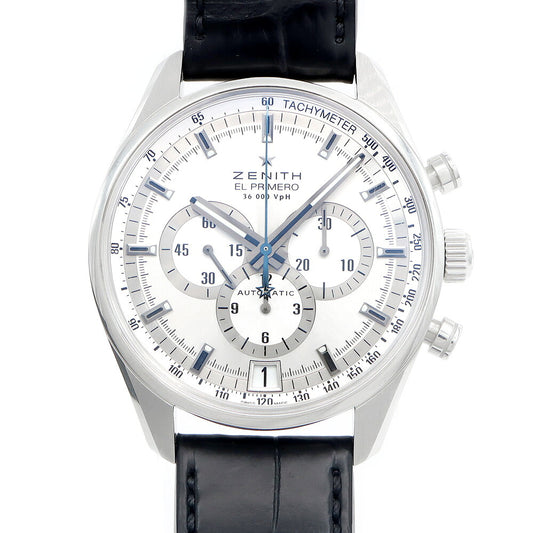 ZENITH ゼニス エルプリメロ 36000VPH 03.2040.400 クロノグラフ デイト 100m防水 裏スケ シルバー SS ステンレス 純正ベルト 純正尾錠 メンズ 自動巻き【6ヶ月保証】【腕時計】【中古】