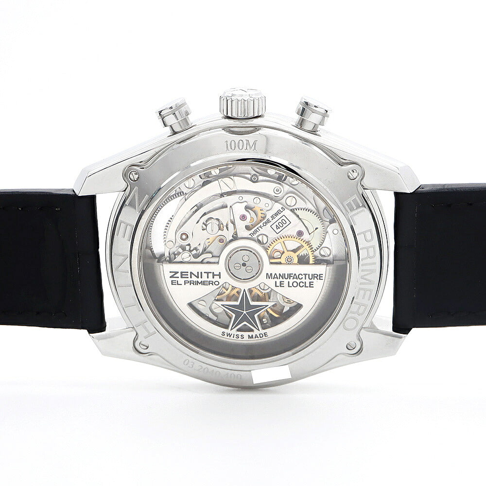 ZENITH ゼニス エルプリメロ 36000VPH 03.2040.400 クロノグラフ デイト 100m防水 裏スケ シルバー SS ステンレス 純正ベルト 純正尾錠 メンズ 自動巻き【6ヶ月保証】【腕時計】【中古】