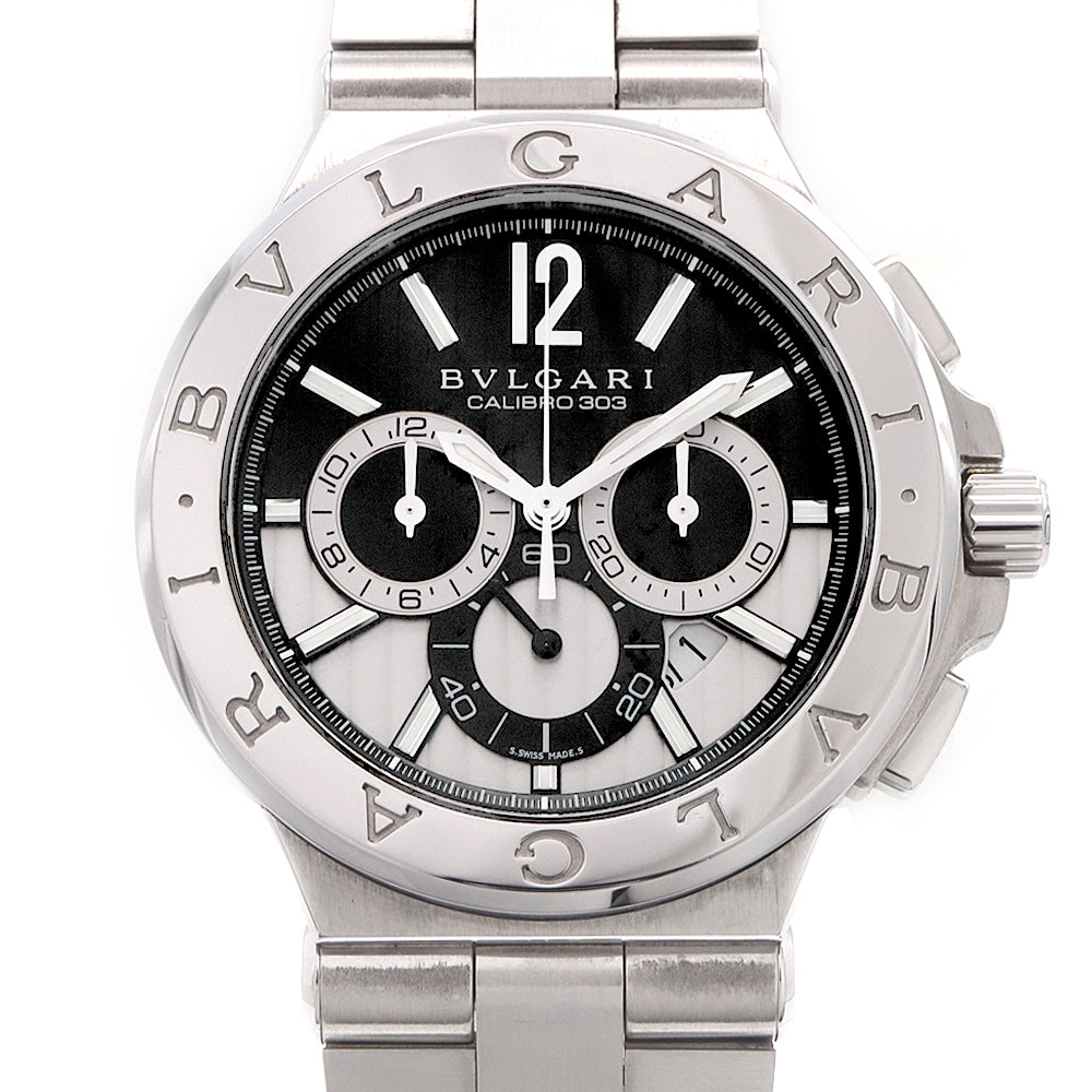 BVLGARI ブルガリ ディアゴノ カリブロ 303 クロノグラフ DG42SCH デイト 裏スケ スモールセコンド 黒 ブラック シルバー SS ステンレス メンズ 自動巻き【6ヶ月保証】【腕時計】【中古】