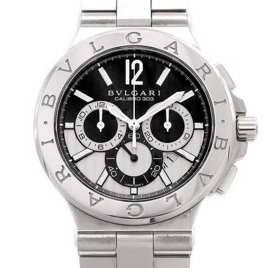 BVLGARI ブルガリ ディアゴノ カリブロ 303 クロノグラフ DG42SCH デイト 裏スケ スモールセコンド 黒 ブラック シルバー SS ステンレス メンズ 自動巻き【6ヶ月保証】【腕時計】【中古】