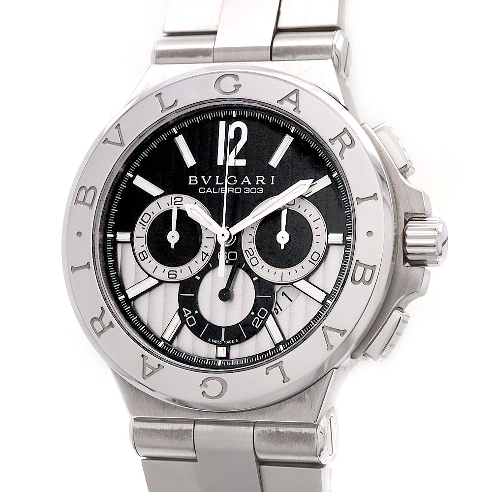 BVLGARI ブルガリ ディアゴノ カリブロ 303 クロノグラフ DG42SCH デイト 裏スケ スモールセコンド 黒 ブラック シルバー SS ステンレス メンズ 自動巻き【6ヶ月保証】【腕時計】【中古】