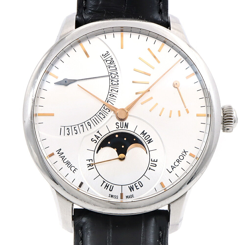 内部点検済 MAURICE LACROIX モーリスラクロア マスターピース カレンドリエ レトログラード MP6528 SS001 130 デイデイト ムーンフェイズ パワーリザーブ 裏スケ 50m防水 シルバー SS ステンレス 純正尾錠 メンズ 自動巻き 【6ヶ月保証】【腕時計】【中古】
