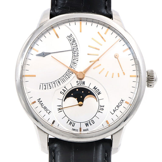 内部点検済 MAURICE LACROIX モーリスラクロア マスターピース カレンドリエ レトログラード MP6528 SS001 130 デイデイト ムーンフェイズ パワーリザーブ 裏スケ 50m防水 シルバー SS ステンレス 純正尾錠 メンズ 自動巻き 【6ヶ月保証】【腕時計】【中古】
