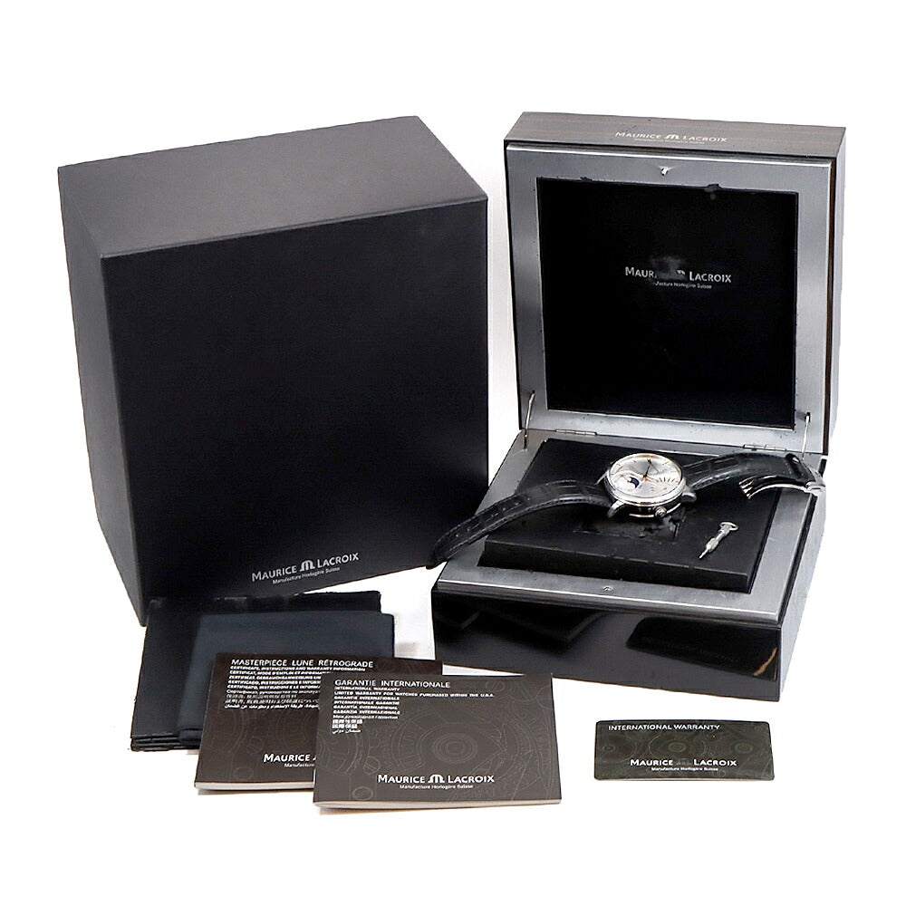 内部点検済 MAURICE LACROIX モーリスラクロア マスターピース カレンドリエ レトログラード MP6528 SS001 130 デイデイト ムーンフェイズ パワーリザーブ 裏スケ 50m防水 シルバー SS ステンレス 純正尾錠 メンズ 自動巻き 【6ヶ月保証】【腕時計】【中古】
