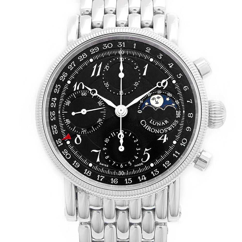 CHRONOSWISS クロノスイス ルナ CH7523 クロノグラフ ムーンフェイズ デイト スモールセコンド 裏スケ 黒 ブラック ギョーシェ SS ステンレス メンズ 自動巻き【6ヶ月保証】【腕時計】【中古】