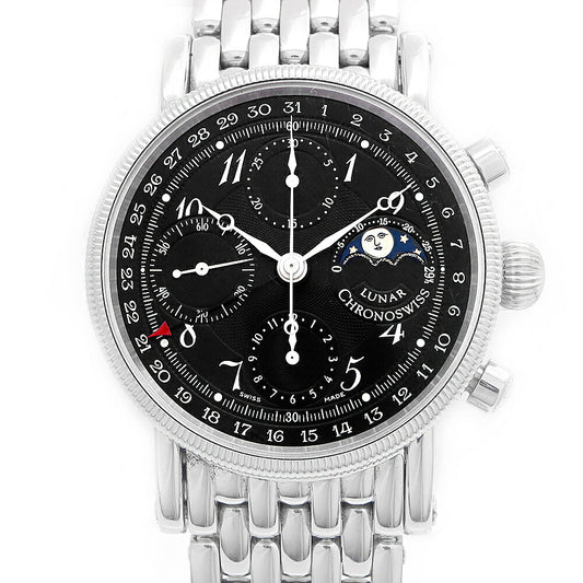 CHRONOSWISS クロノスイス ルナ CH7523 クロノグラフ ムーンフェイズ デイト スモールセコンド 裏スケ 黒 ブラック ギョーシェ SS ステンレス メンズ 自動巻き【6ヶ月保証】【腕時計】【中古】