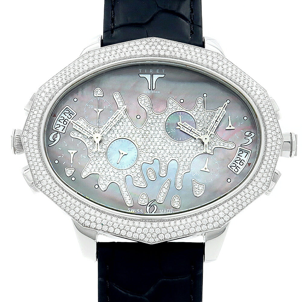 電池交換済 TIRET NEW YORK ティレット ニューヨーク セカンドチャンス ダイヤモンド ダイヤベゼル クロノグラフ 2タイムゾーン デイト 黒 ブラックシェル SS ステンレス メンズ クォーツ【6ヶ月保証】【腕時計】【中古】