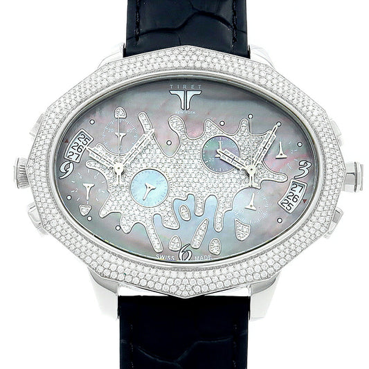 電池交換済 TIRET NEW YORK ティレット ニューヨーク セカンドチャンス ダイヤモンド ダイヤベゼル クロノグラフ 2タイムゾーン デイト 黒 ブラックシェル SS ステンレス メンズ クォーツ【6ヶ月保証】【腕時計】【中古】