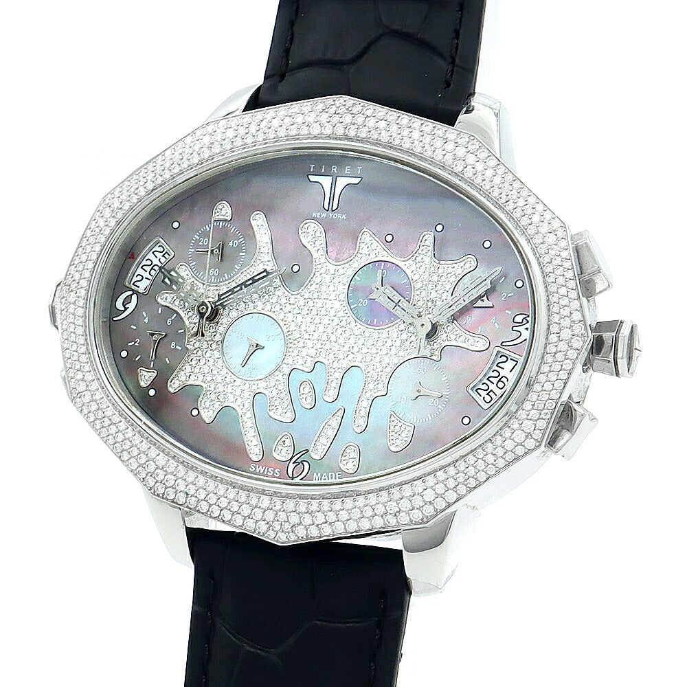 電池交換済 TIRET NEW YORK ティレット ニューヨーク セカンドチャンス ダイヤモンド ダイヤベゼル クロノグラフ 2タイムゾーン デイト 黒 ブラックシェル SS ステンレス メンズ クォーツ【6ヶ月保証】【腕時計】【中古】