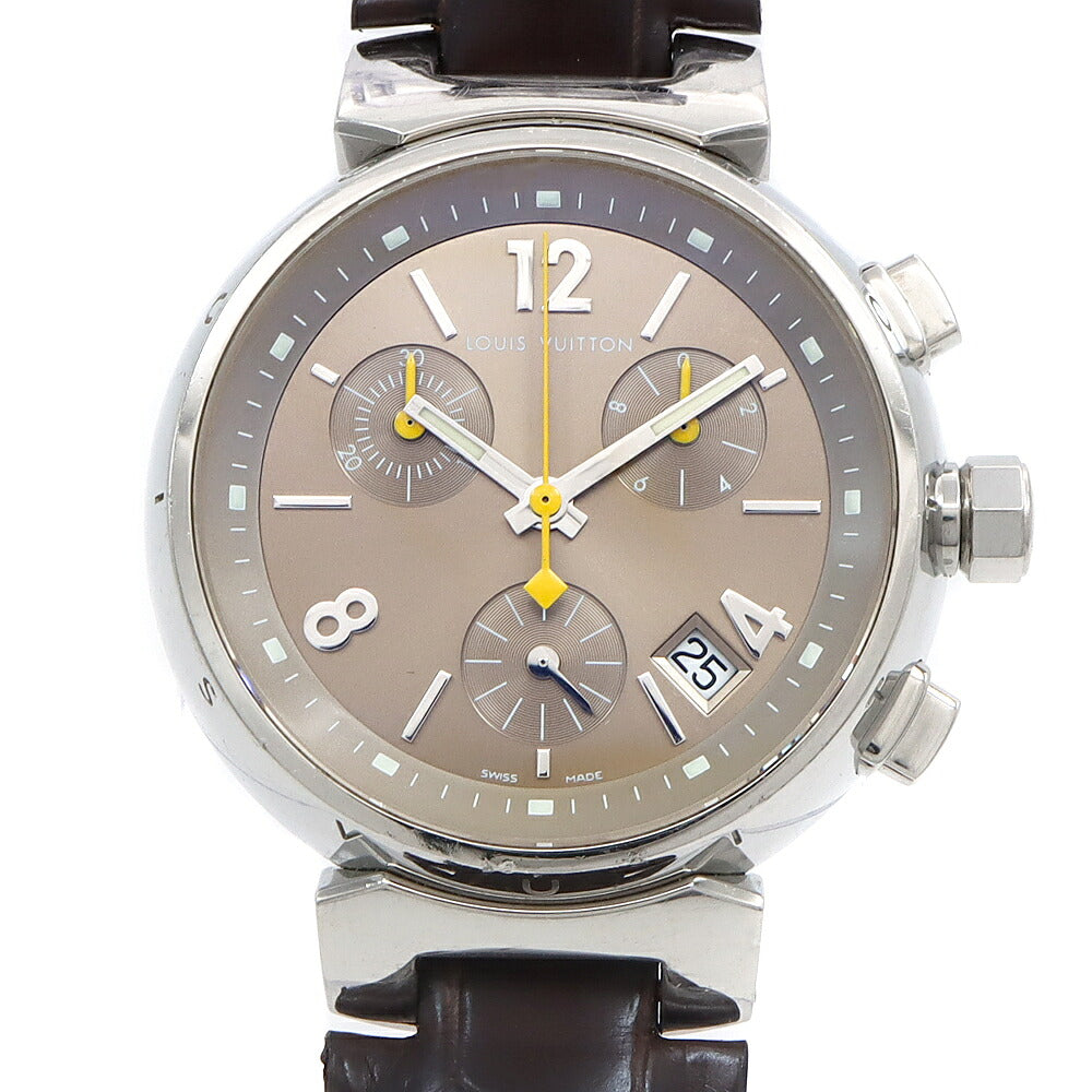 電池交換済 LOUIS VUITTON ルイヴィトン タンブール クロノグラフ Q1322 Q13220 デイト 100m防水 スモールセコンド 茶 ブラウン SS ステンレス 純正ベルト 純正尾錠 レディース ボーイズ クォーツ【6ヶ月保証】【腕時計】【中古】